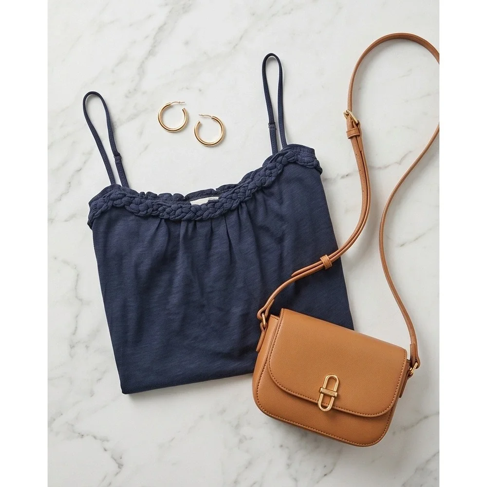 J. Crew L Braided Strap Cami Top Navy Blue Cotton Slub Ruffle Tank‎ Large NWT